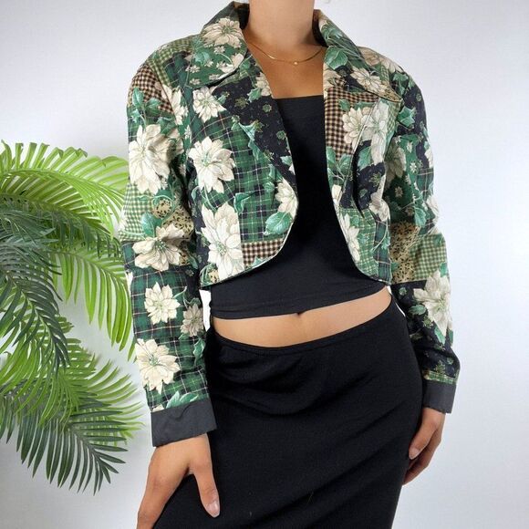 Women's Vintage 90s Floral Plaid Patchwork Cottage Whimsygoth Cropped Blazer / M - Picture 1 of 5